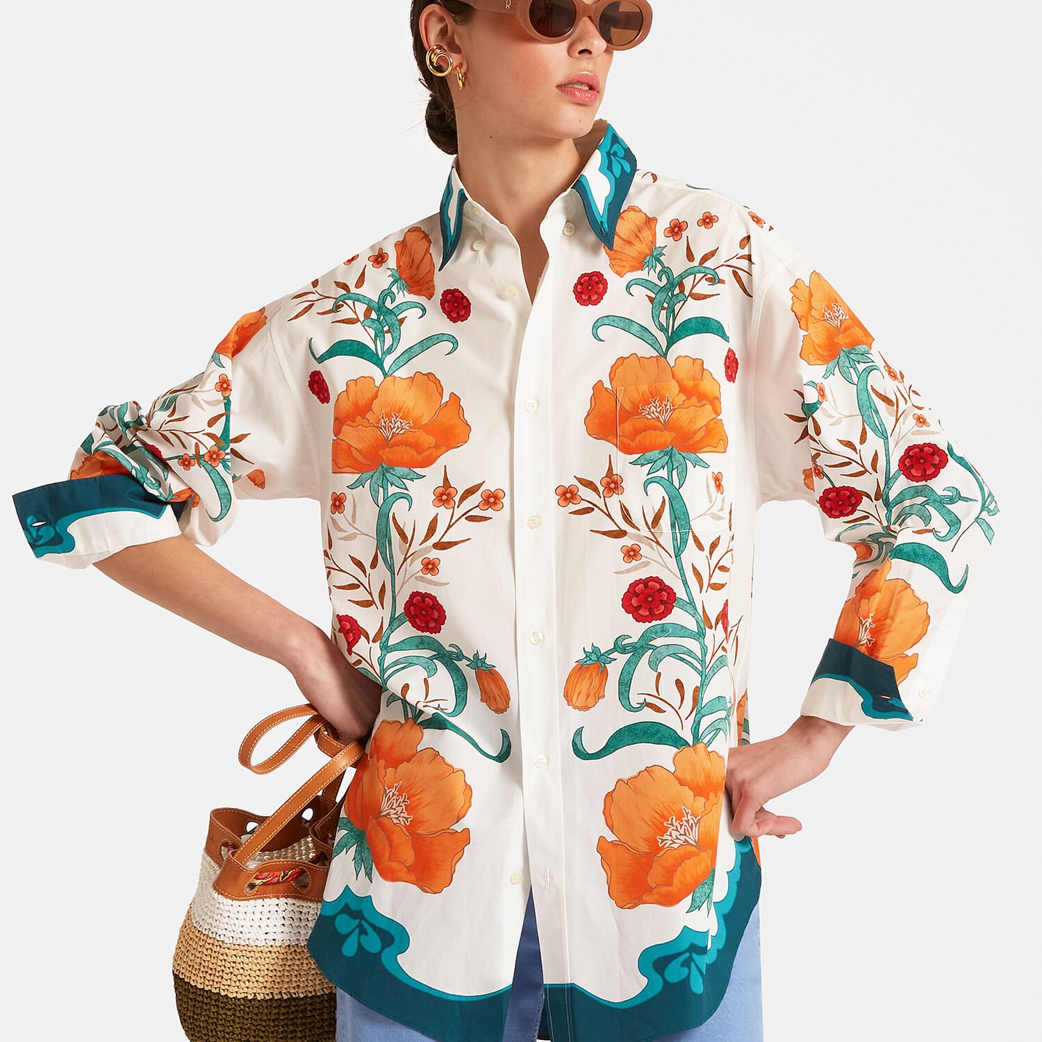 La Doublej Better Than Your Boyfriend's Floral-print Cotton Shirt In Morpheus Placée Orange